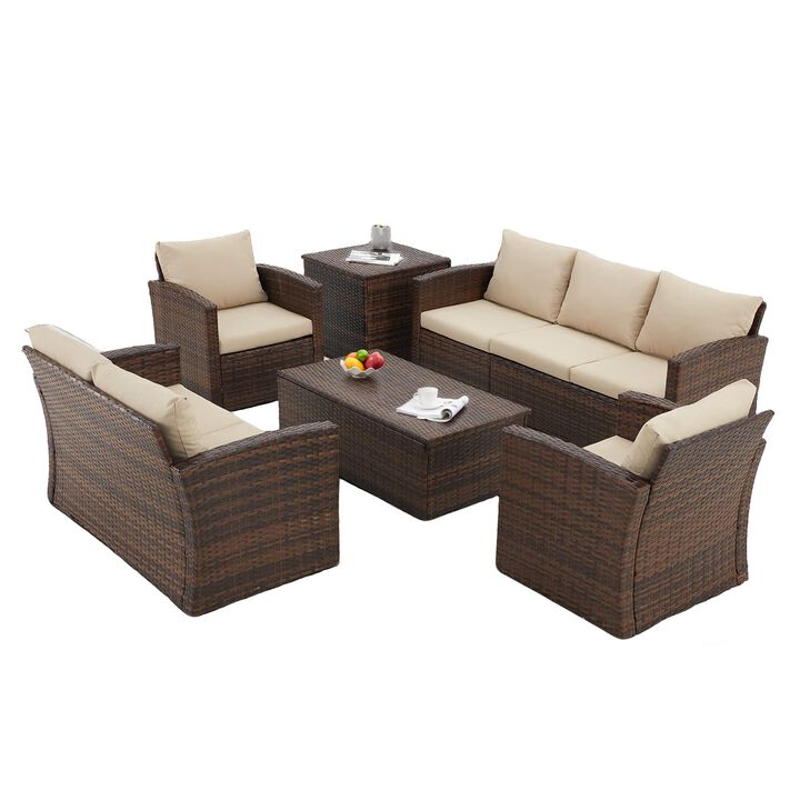 Mondawe 6-Piece Brown Wicker Outdoor Patio Conversation Set with Seat Cushions and 1-Storage Box