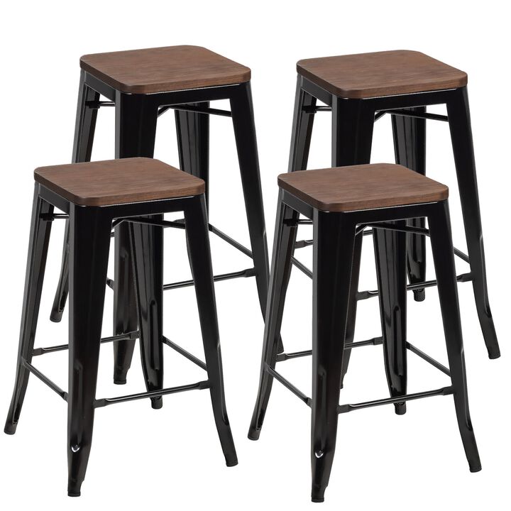 Set of 4 Counter Height Backless Barstools with Wood Seats-Black
