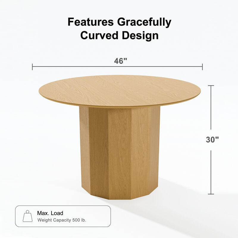 46 Inch Round Natural Wooden Dining Table, Seats 4-6 People, Suitable for Living Room and Dining Room