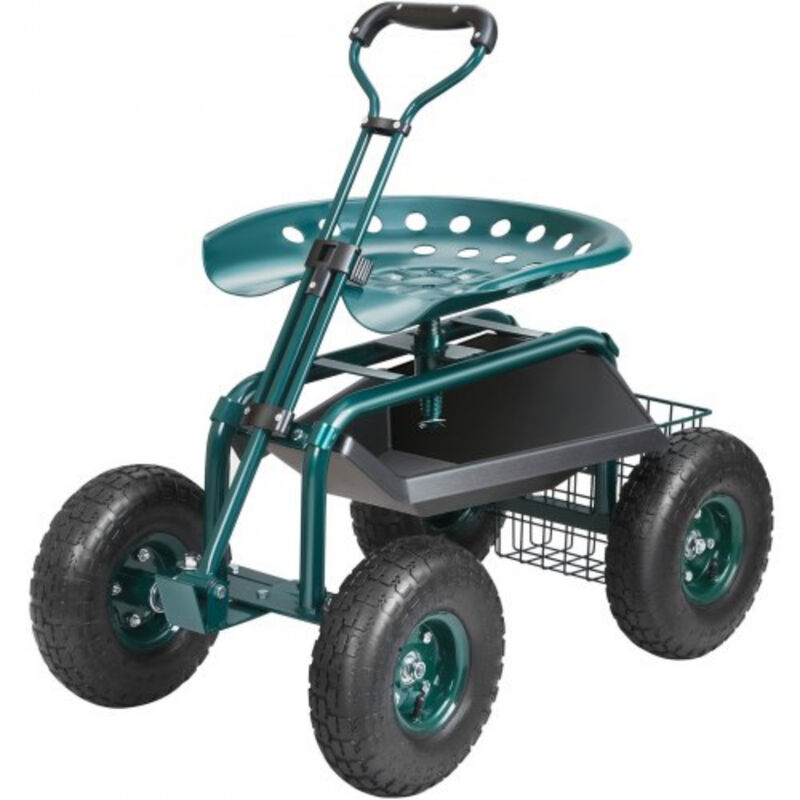 Rolling Yard Cart with Swivel Seat &ndash; Garden Workseat with Wheels, Steering Handle & Tool Tray for Lawn and Planting