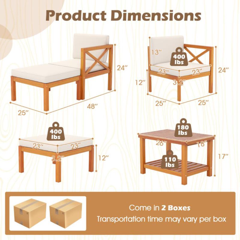 Hivvago 5 Pieces Acacia Wood Patio Lounge Chair Set with Ottomans and Cushions image number 2