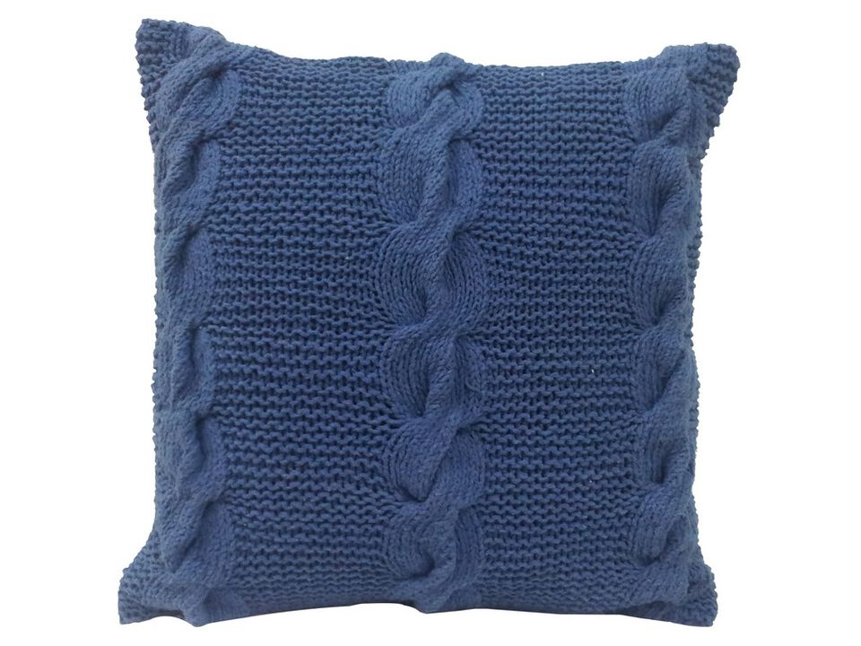 18 X 18 Inch Decorative Cable Knit Hand Woven Cotton Pillow, Blue - Benzara