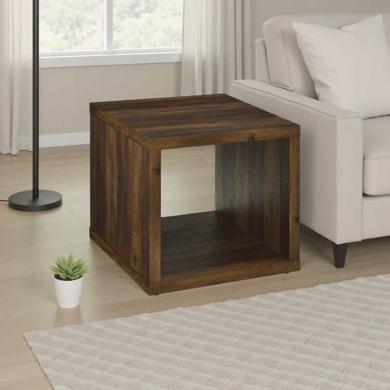 Rizz Side End Table, Square Cube Design Open Shelf, 23 Inch Dark Brown
