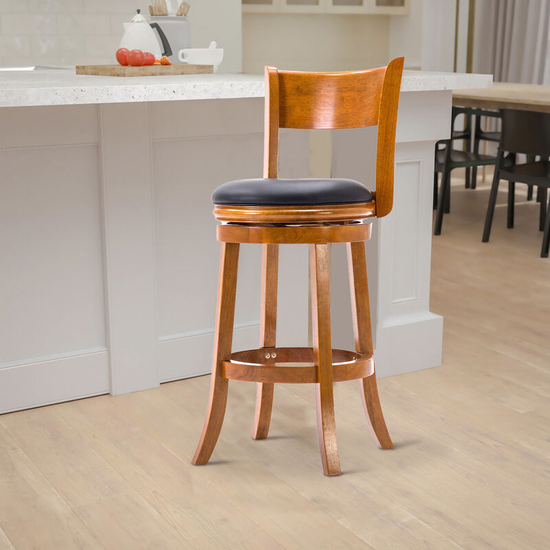 Sabi 29 inch Swivel Counter Stool, Solid Wood, Faux Leather, Brown, Black - Benzara image number 5