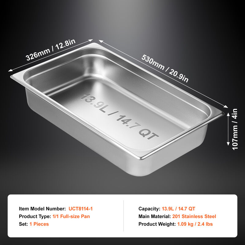 VEVOR Full Size Hotel Pan Steam Table Pan Stainless Steel 4" Deep