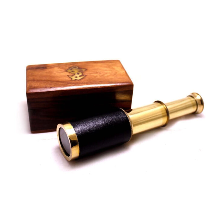 Small Brass Telescope with Pullout Wooden Box, Gold and Brown - Benzara
