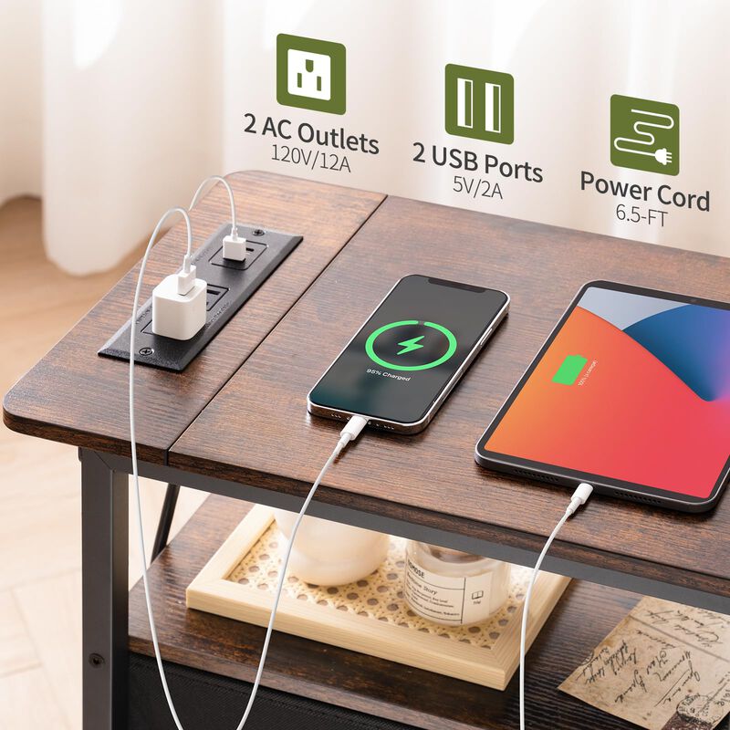 Yoobure End Table with Charging Station, Narrow Side Table LED Small Night Stand, Skinny Nightstand with Fabric Drawers, Bedside