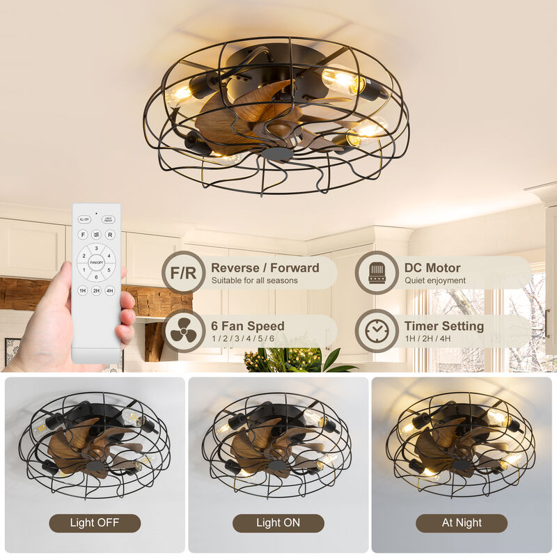 Breezary 18.5" Industrial Caged Ceiling Fan with Light,4 E26 Bulbs Required,6 Speed Remote,Reversible,Timer,Quiet,7 Blades image number 3