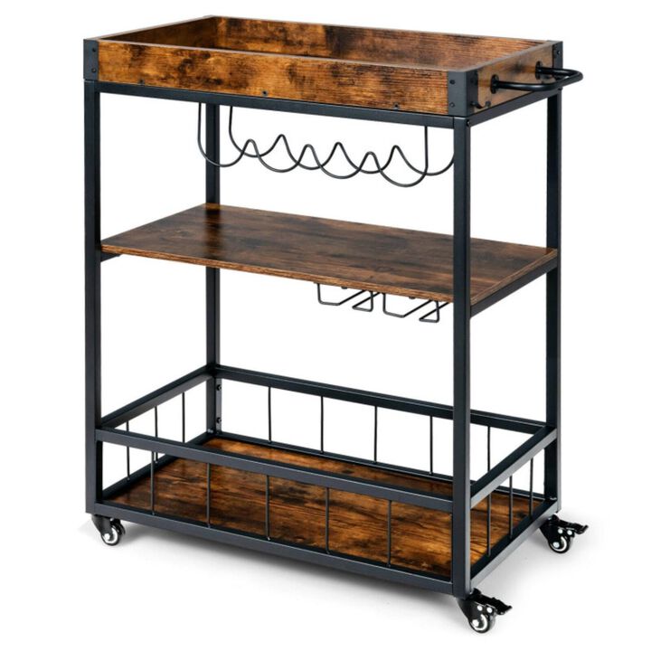 Hivvago 3-Tier Rolling Kitchen Bar Cart with Wine Rack-Rustic Brown