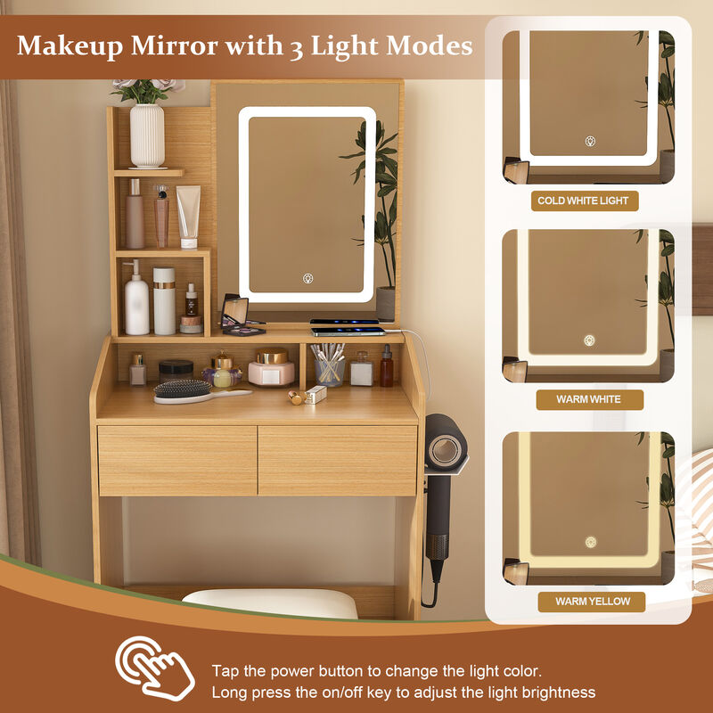 TATEUS Small Bedroom Wood Vanity Desk with LED Mirror, 3 Color Lighting & Stool