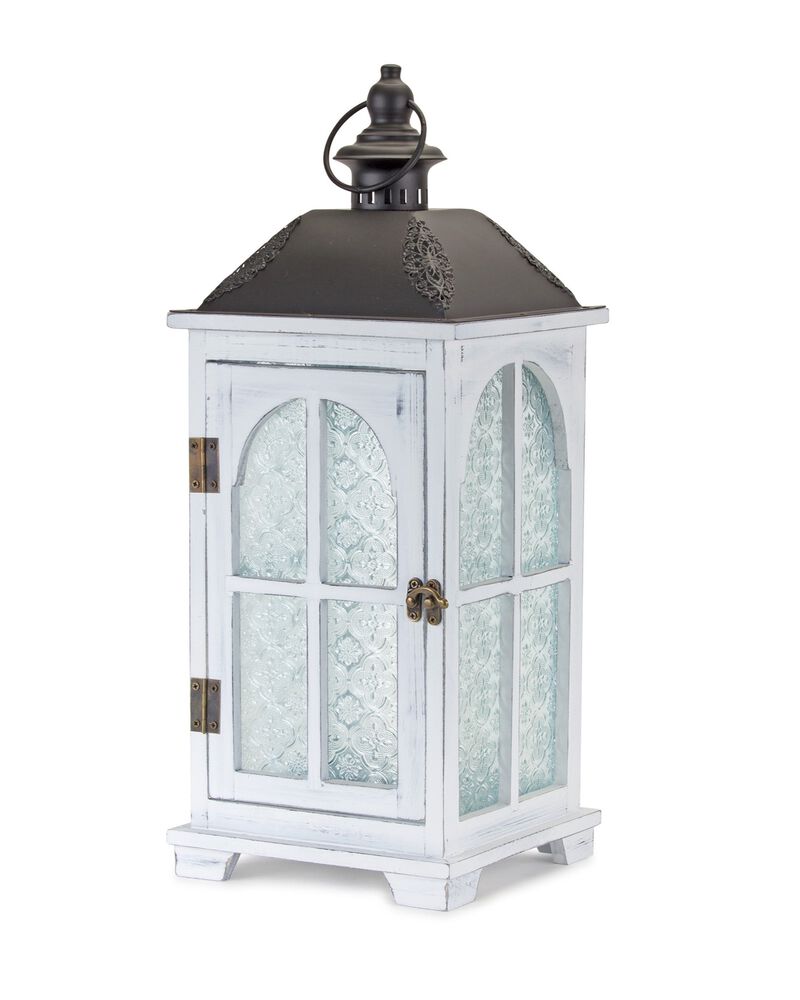HomeRoots Set of Two White And Black Distressed Ornate Glass Wood And Metal Floor Lantern Candle Holders image number 3