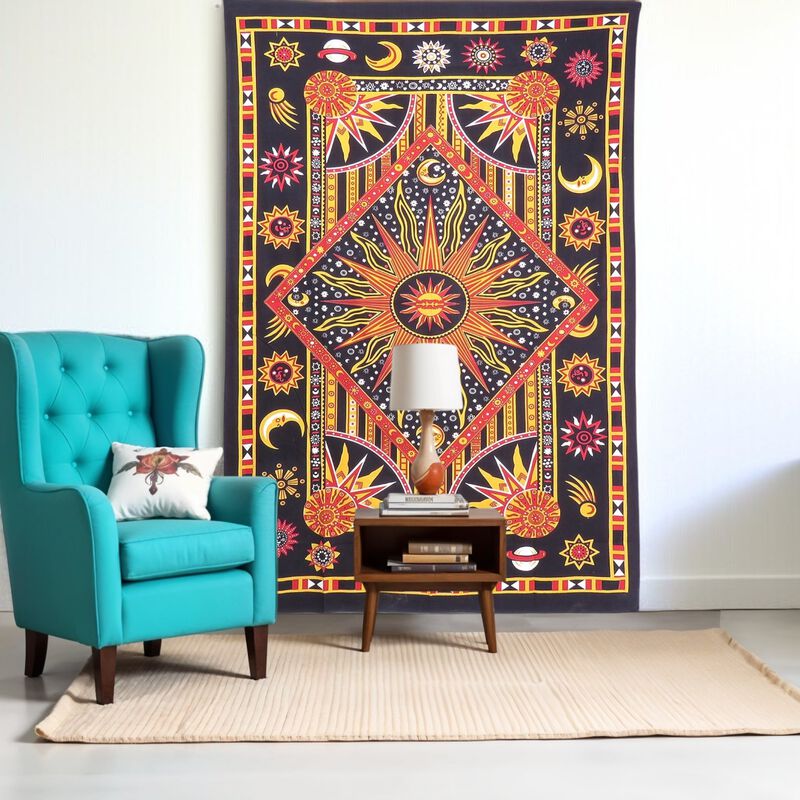 HomeRoots 80" X 56" Black Red And Yellow Cotton Star and Sunburst Hanging Tapestry image number 1