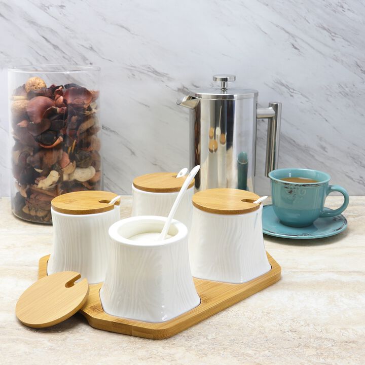 Elama Ceramic Spice, Jam and Salsa Jars with Bamboo Lids & Serving Spoons