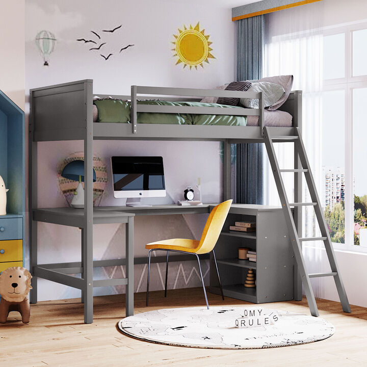 Whisen Twin Size Wooden Loft Bed with Desk and Shelves