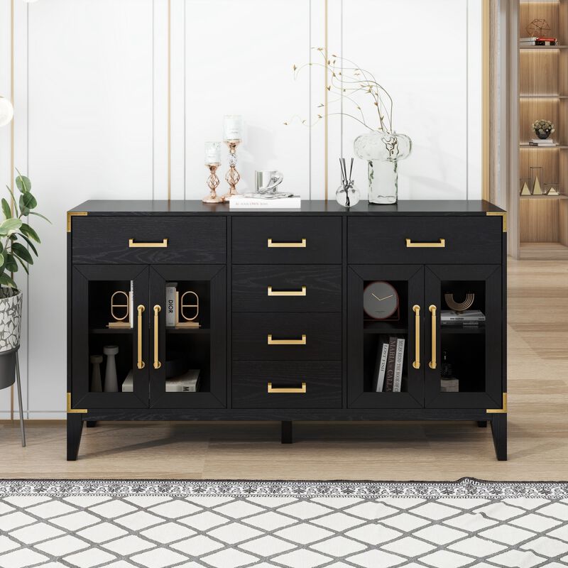 6drawer and 2Cabinet Retro Sideboard with Extra Large Storage Space, with Gold Handles and Solid Wood Legs, for Kitchen and Living Room (Black)