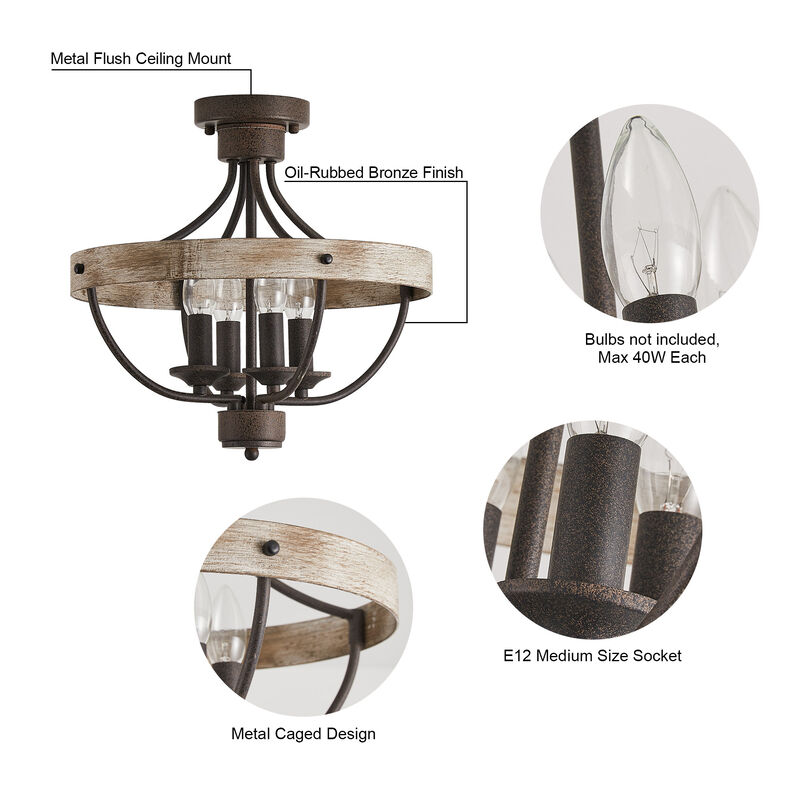 4-Light Rusted Brown Wheel Wood Semi-Flush Mount Ceiling Light