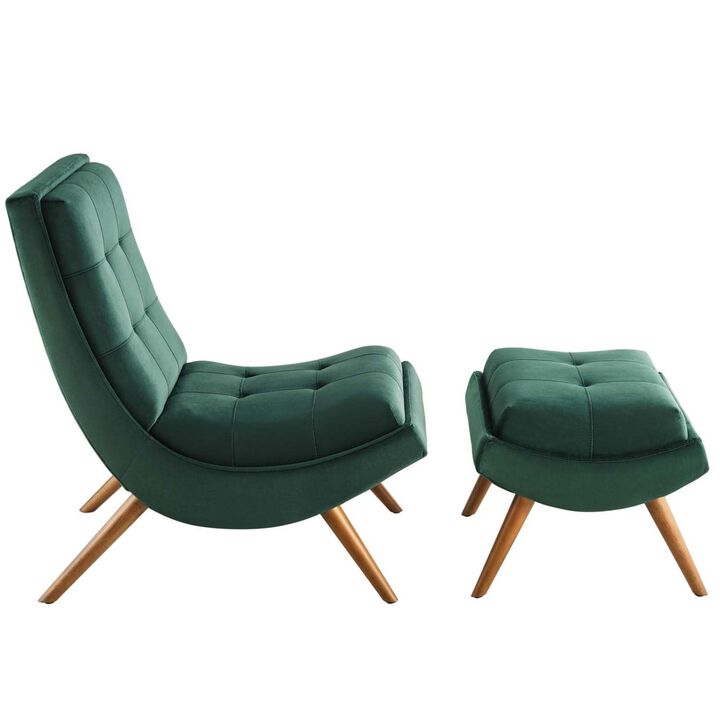 Modway Ramp Biscuit Tufted Performance Velvet Living Room Lounge Chair and Ottoman Set in Green