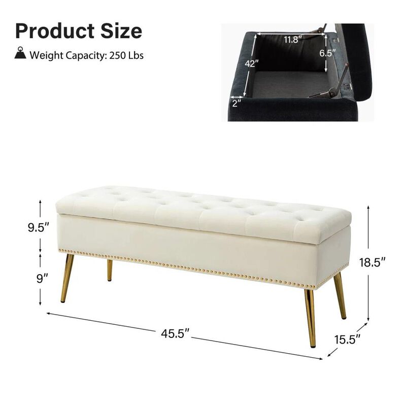 Hivvago Mid-Century Modern Bed Storage Bench with Ivory Velvet Seat and Gold Legs