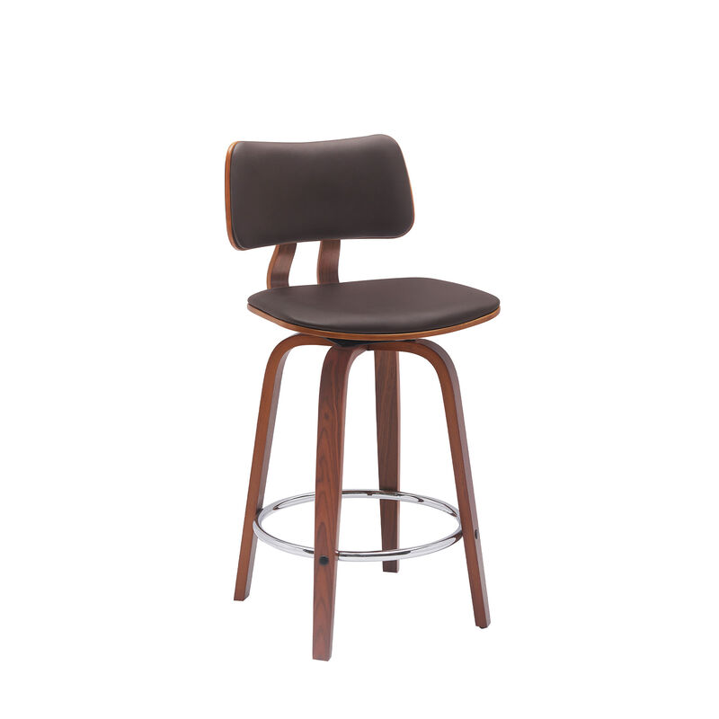 HomeRoots 26" Brown And Wood Brown Faux Leather Swivel Low Back Counter Height Bar Chair image number 2