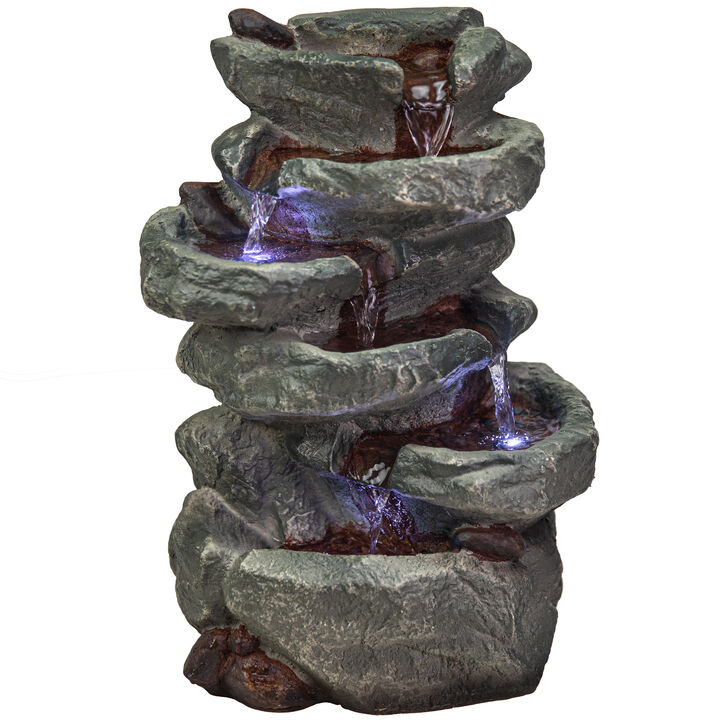 Sunnydaze 15" 6-Tier Tabletop Water Fountain with LED Lights, Stone Falls