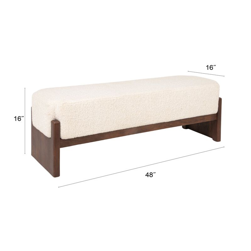 Boucle Upholstered Mango Wood Bench with Recessed Cushion and Slat-style Legs, Walnut image number 2
