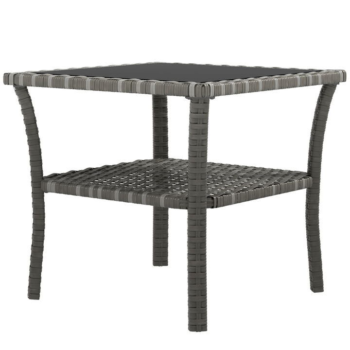 Outsunny Rattan Side Table, Outdoor End Table with Storage Shelf, Aluminum Frame Square, Coffee Table with Tempered Glass Top, Mixed Gray