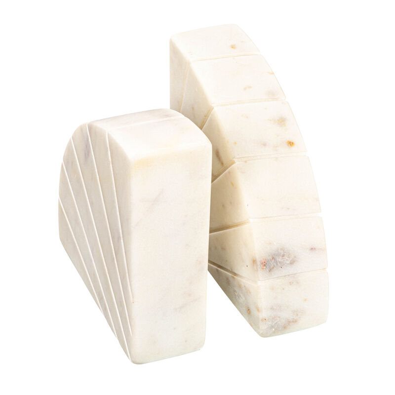 Modern Arched Semicircle Marble Bookends with Carved Detail, White, Set of 2 image number 4
