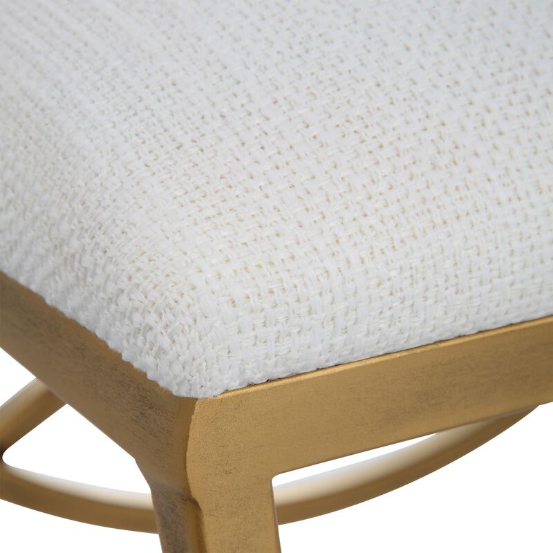 24 Inch Accent Stool, Cushioned, Double Arched, Off White Upholstery, Gold - Benzara