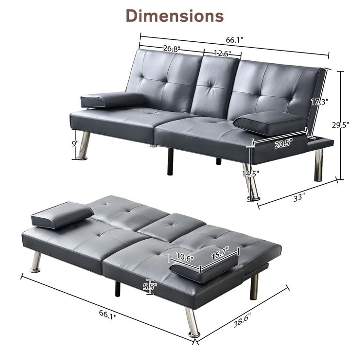 Convertible Sofa Bed Adjustable Couch Sleeper Modern Faux Leather Recliner Reversible Loveseat Folding Daybed Guest Bed, Removable Armrests, Cup Holders, 3 Angles,, Gray