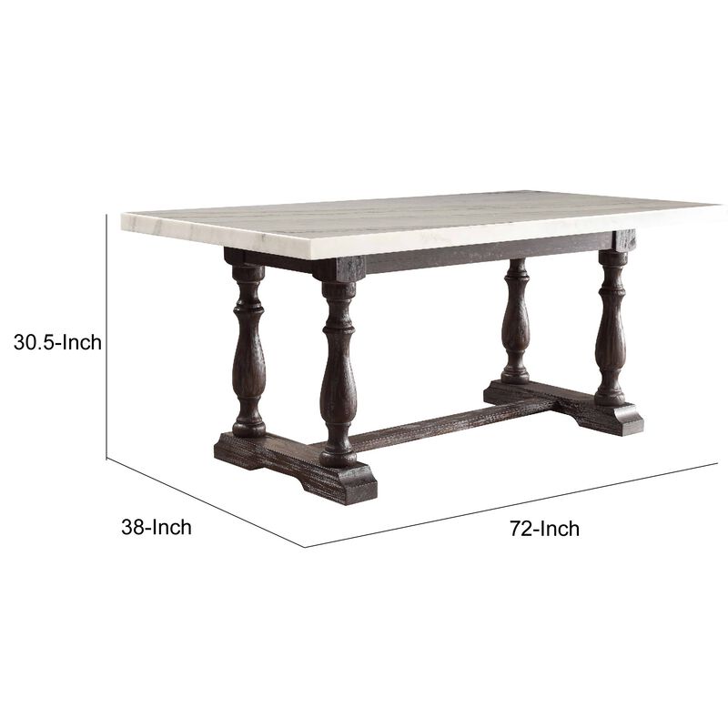Wooden Dining Table with Marble Top , White and Brown - Benzara