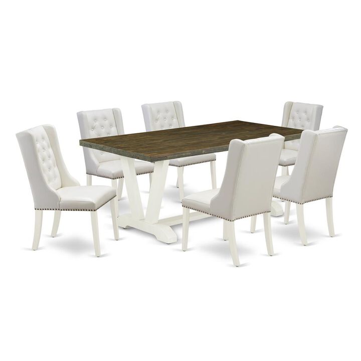 East West Furniture 7-Piece Dining Table Set Includes 6 White Pu Leather Kitchen Chairs Button Tufted with Nail heads and Rectangular Dining Table - Linen White Finish