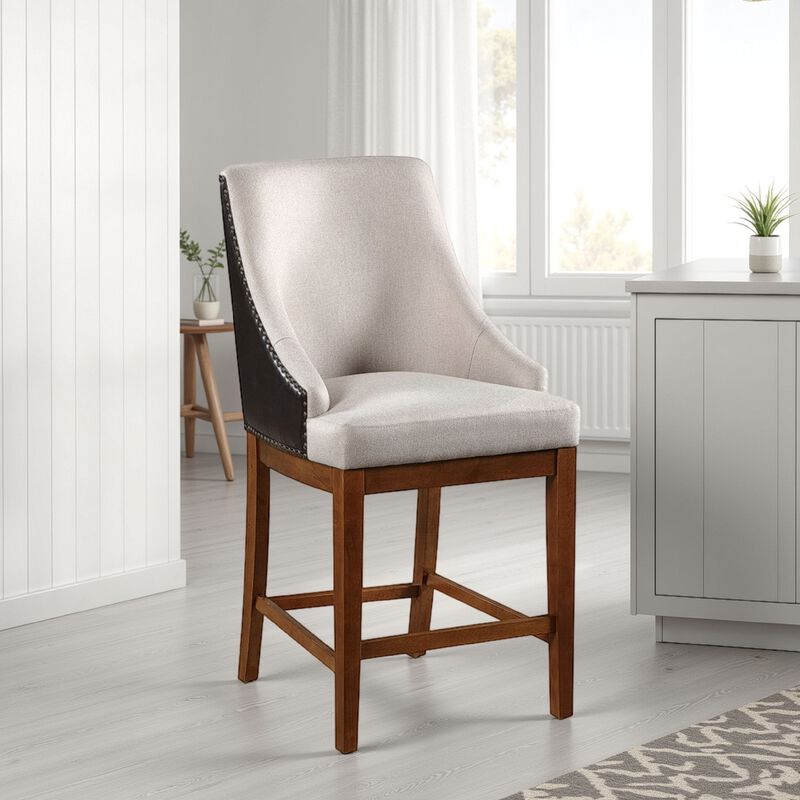 Elsie Counter Height Chair Set of 2, Black Faux Leather, Gray Fabric