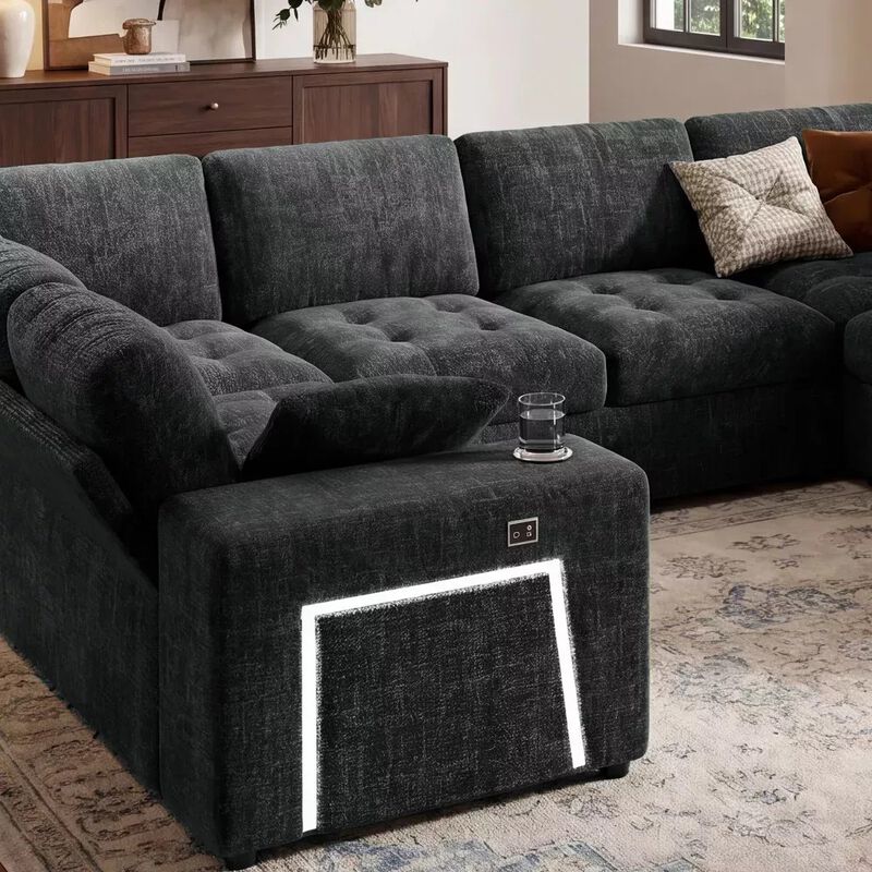 Vipbear 110" Modular Sectional Sleeper Sofa, 8-Seater Chenille U-Shaped Couch with Pull-Out Beds image number 8