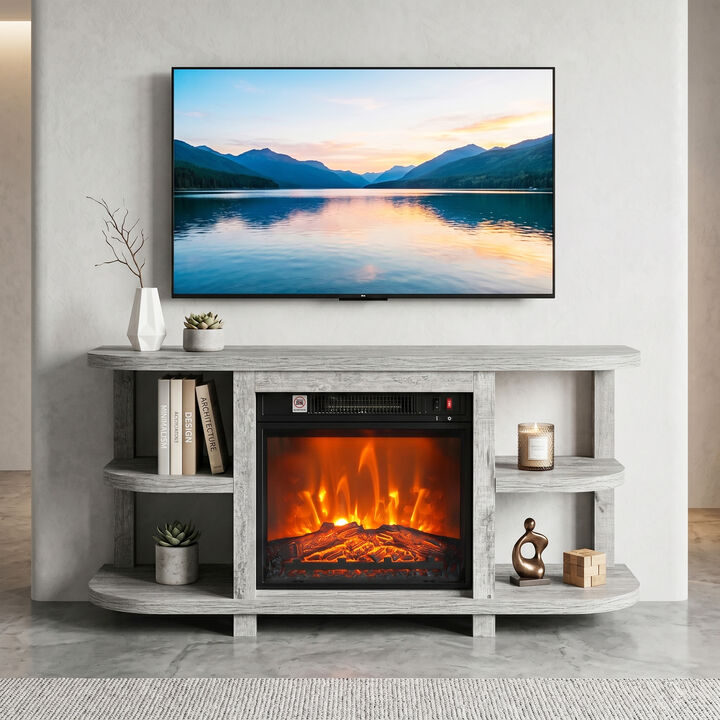 48" Light Gray TV Stand with 18" Insert Electric Fireplace and Open Storage Shelves Media Console for TVs up to 55"