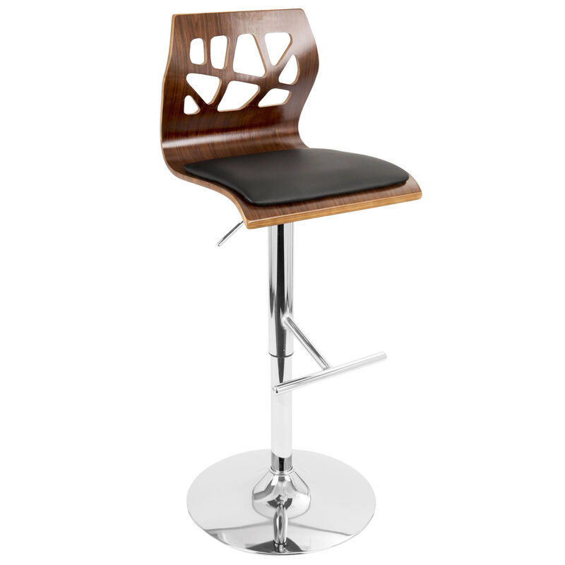 Lumisource Folia Mid-Century Modern Adjustable Barstool with Swivel in Chrome, Walnut Wood and Black Faux Leather - Set of 2