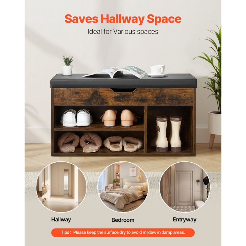 Entryway Shoe Bench with Lift Top Storage, Cushion Seat & 3 Cabinets Organizer image number 3