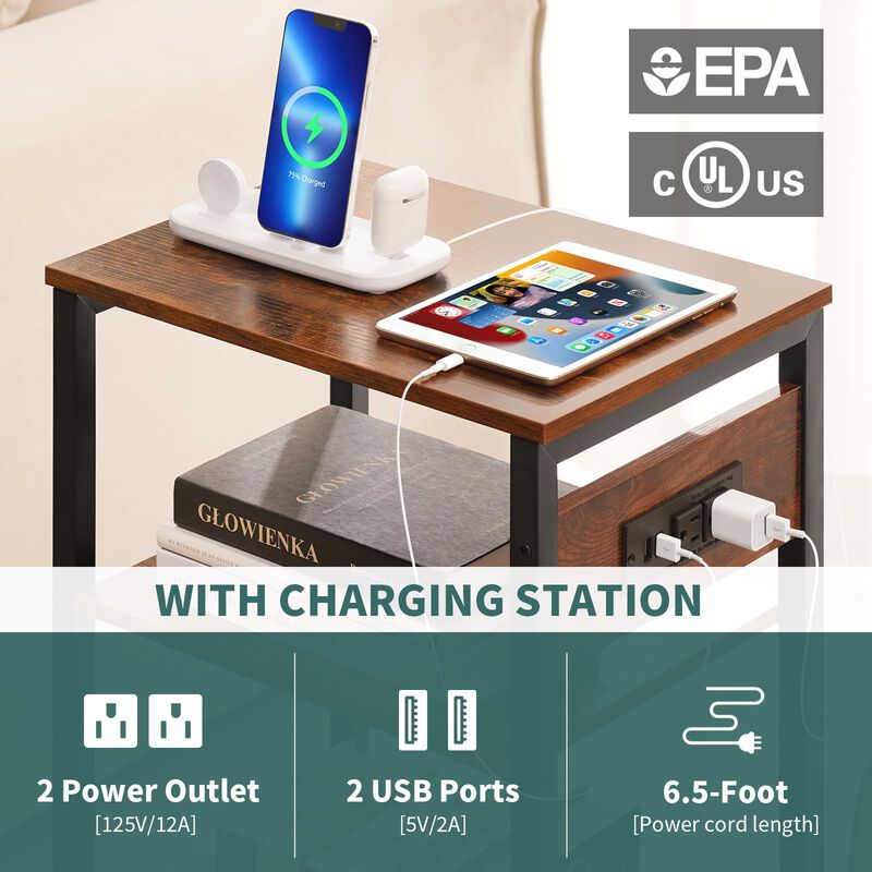 Yoobure Side Table - Night Stand with Charger Station & LED Light, 3 Tier Small End Table Living Room, Bedside Table with Drawer