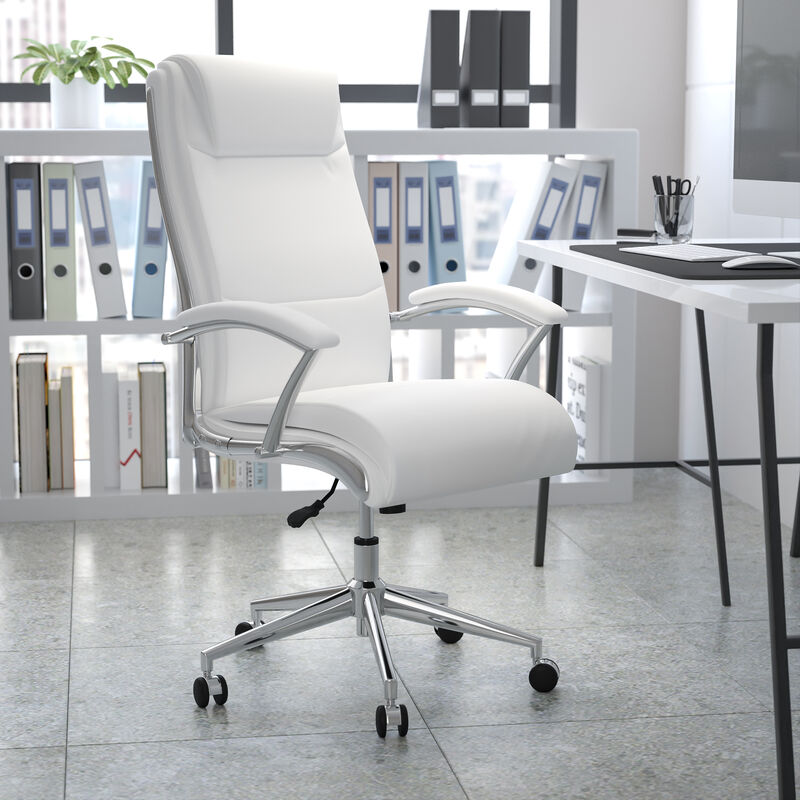 Rebecca High Back Designer White LeatherSoft Smooth Upholstered Executive Swivel Office Chair with Chrome Base and Arms image number 1