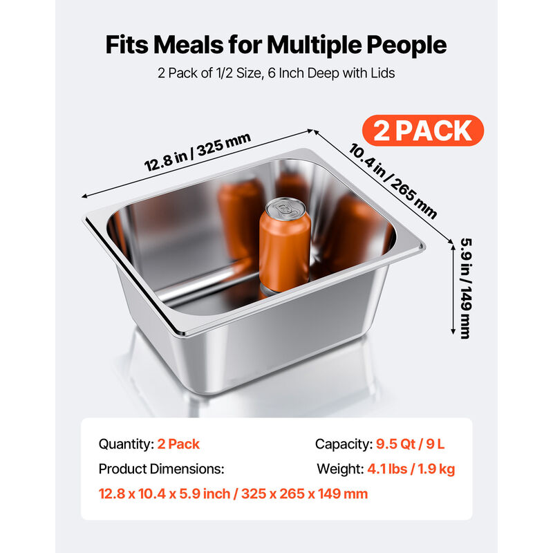 VEVOR 1/2 Size Hotel Pans with Lids Steam Pans 6" Deep Stainless Steel 2 Pack