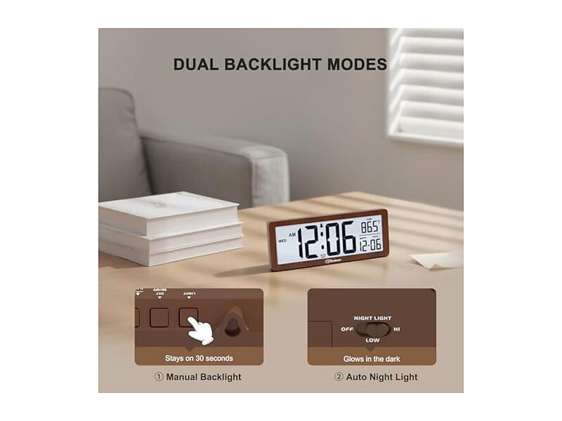 Digital Backlight Temperature Date Day Wall Clock 5 Inch Brown Battery Operated image number 3