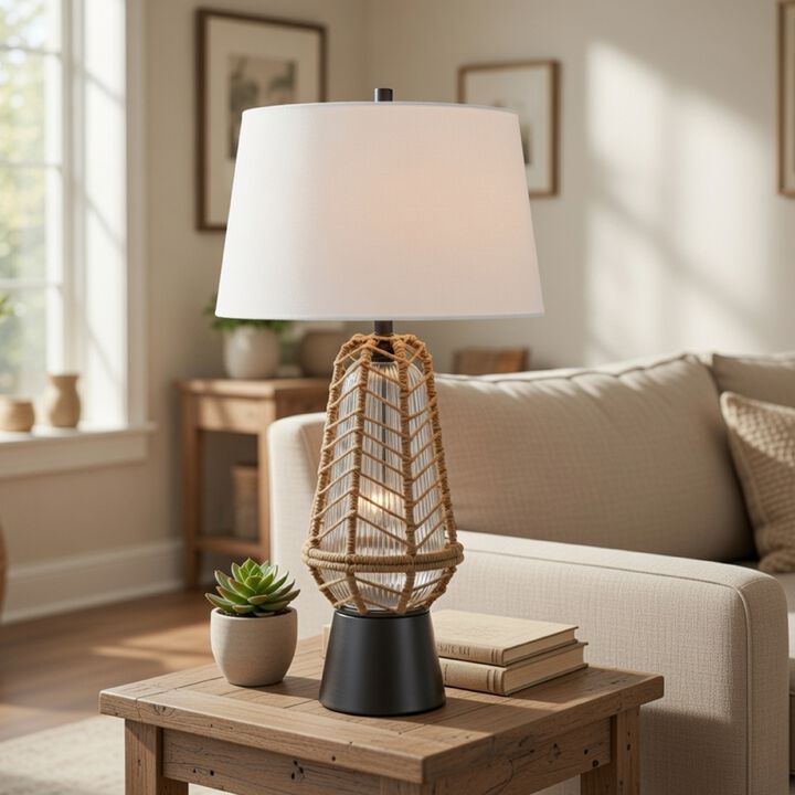 Lantern Table Lamp with Night Light, Burlap Wrapped Glass Body, Gray Metal