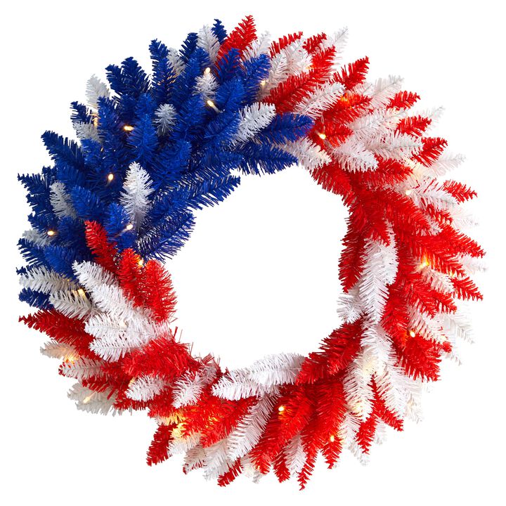 HomPlanti 24" Patriotic Red, White and Blue "Americana" Wreath with 35 Warm LED Lights