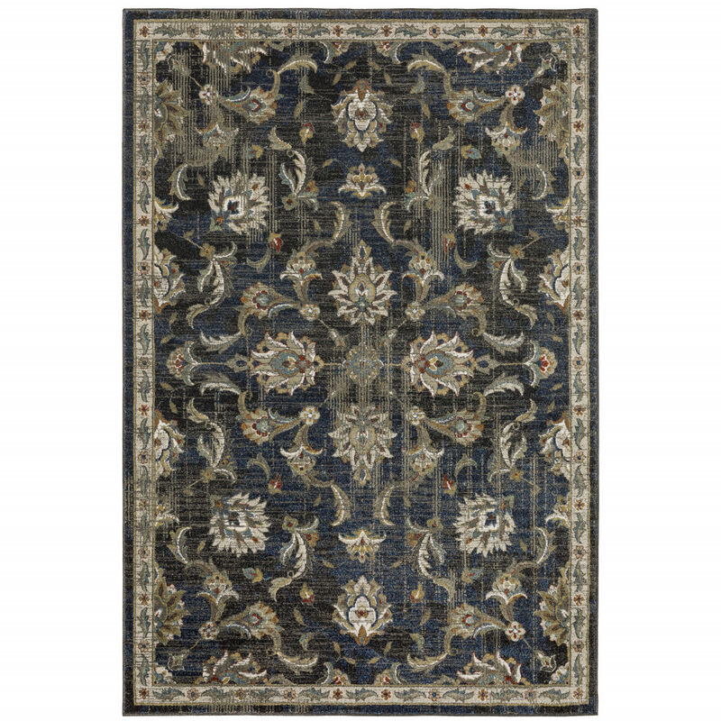 4 X 6 charcoal Blue gold Rust And Beige Oriental Power Loom Stain Resistant Area Rug