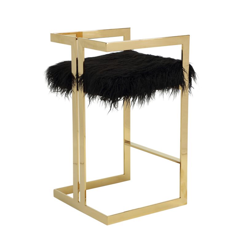 Suki 30 Inch Barstool Chair, Black Faux Fur Seat, Gold Cantilever Base - Benzara