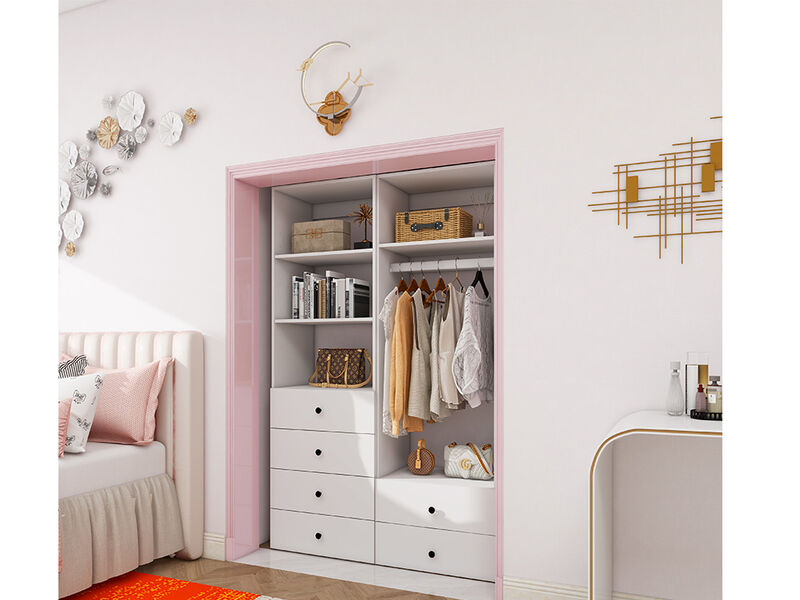 Clothes Organizer with Closet Shelves Wall Mounted, Wardrobe Closet Organizer System, Closet System with 6 Drawers, Wooden Walk in Closet Organizers and Storage,White