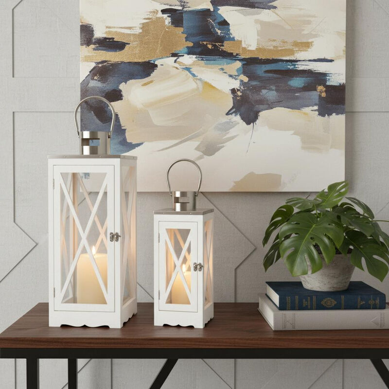 HomeRoots Set of Two Clear And White Glass And Solid Wood Floor Lantern Candle Holders