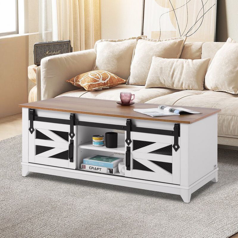 Rectangle Coffee Table with 2 Sliding Barn Doors with Removable Shelves for Living Room