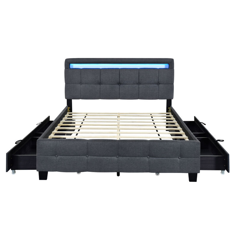 Queen Size Upholstered Platform Bed with LED Frame and 4 Drawers, Linen Fabric, Gray
