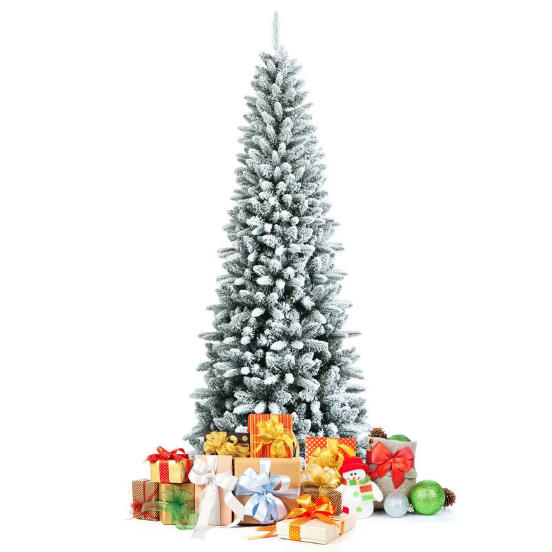 Snow-Flocked Hinged Artificial Christmas Pencil Tree for Festive Holiday D&eacute;cor with Easy Assembly