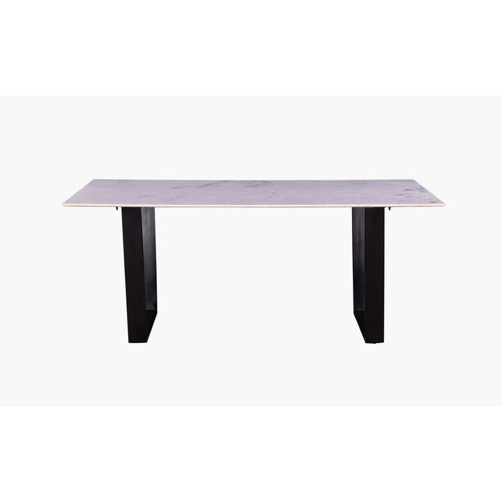 72 Inch Modern Dining Table with Marble Tabletop, Iron Legs, White, Black